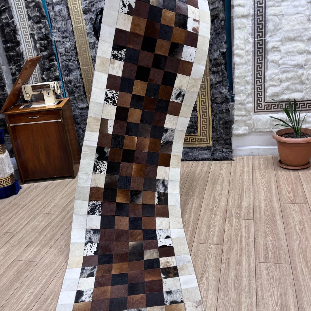 Handmade Tricolor Cowhide Rug: Patchwork Area Rug - BuzzLeatherCarpetHandmade Tricolor Cowhide Rug: Patchwork Area Rug