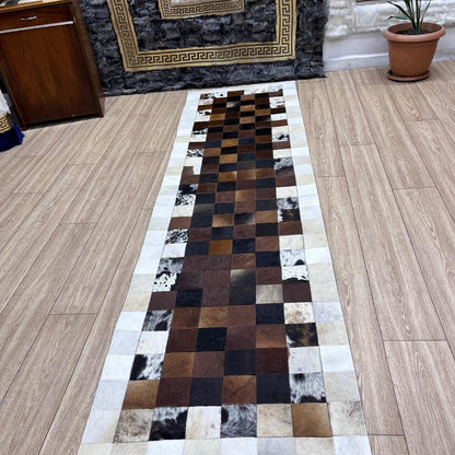 Handmade Tricolor Cowhide Rug: Patchwork Area Rug - BuzzLeatherCarpetHandmade Tricolor Cowhide Rug: Patchwork Area Rug