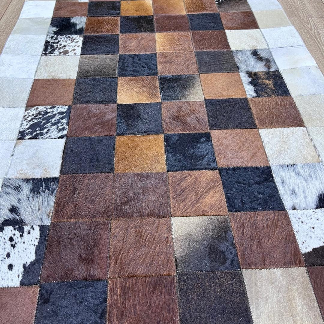 Handmade Tricolor Cowhide Rug: Patchwork Area Rug - BuzzLeatherCarpetHandmade Tricolor Cowhide Rug: Patchwork Area Rug