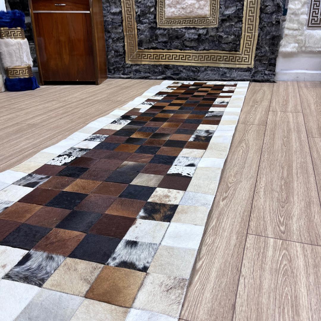 Handmade Tricolor Cowhide Rug: Patchwork Area Rug - BuzzLeatherCarpetHandmade Tricolor Cowhide Rug: Patchwork Area Rug