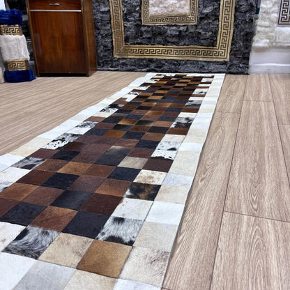 Handmade Tricolor Cowhide Rug: Patchwork Area Rug - BuzzLeatherCarpetHandmade Tricolor Cowhide Rug: Patchwork Area Rug