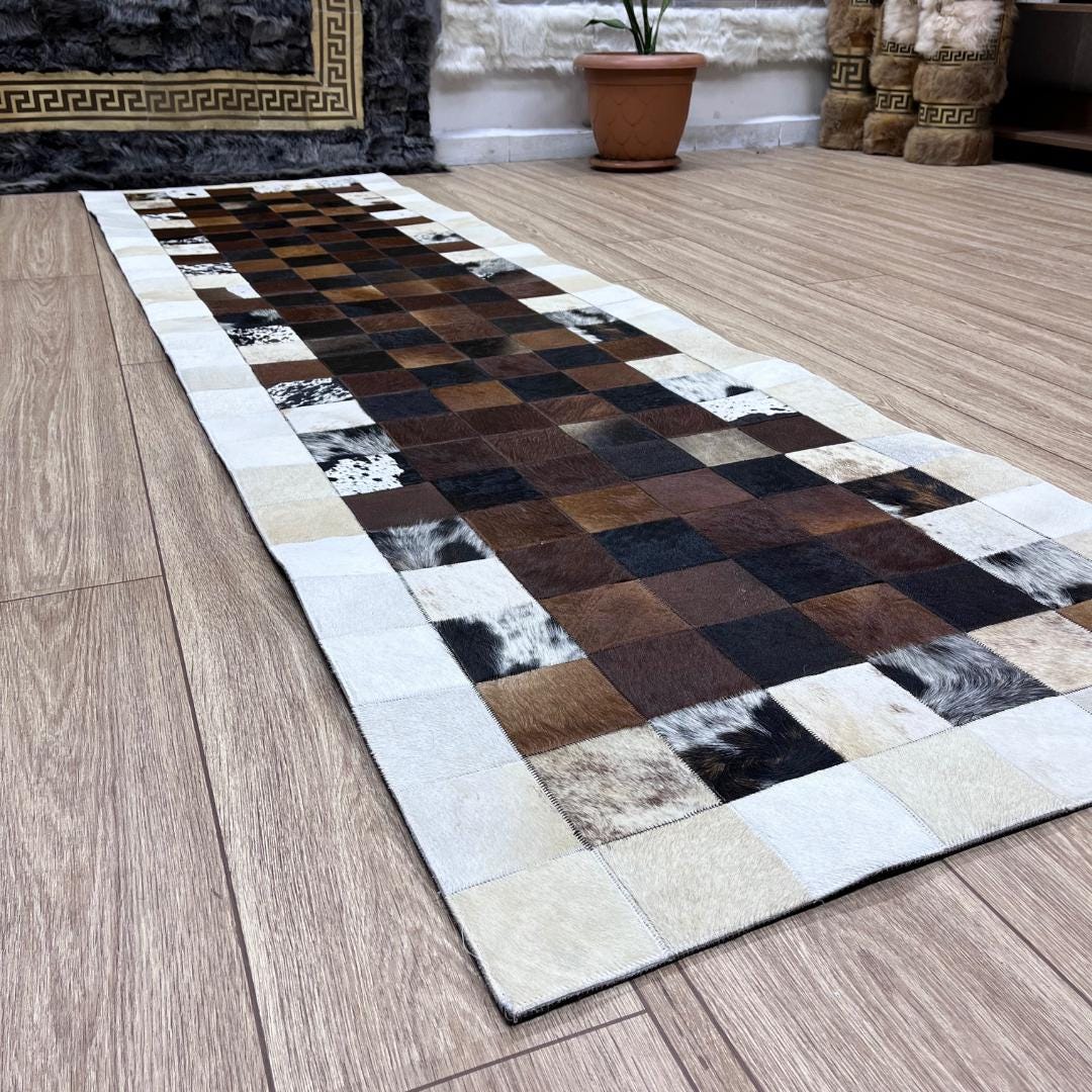 Handmade Tricolor Cowhide Rug: Patchwork Area Rug - BuzzLeatherCarpetHandmade Tricolor Cowhide Rug: Patchwork Area Rug