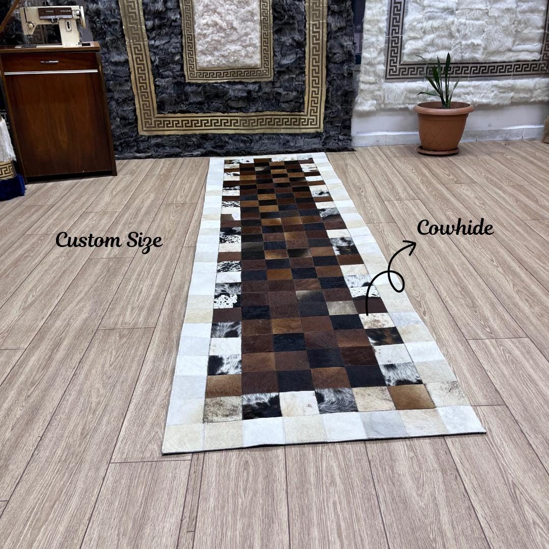 Handmade Tricolor Cowhide Rug: Patchwork Area Rug - BuzzLeatherCarpetHandmade Tricolor Cowhide Rug: Patchwork Area Rug