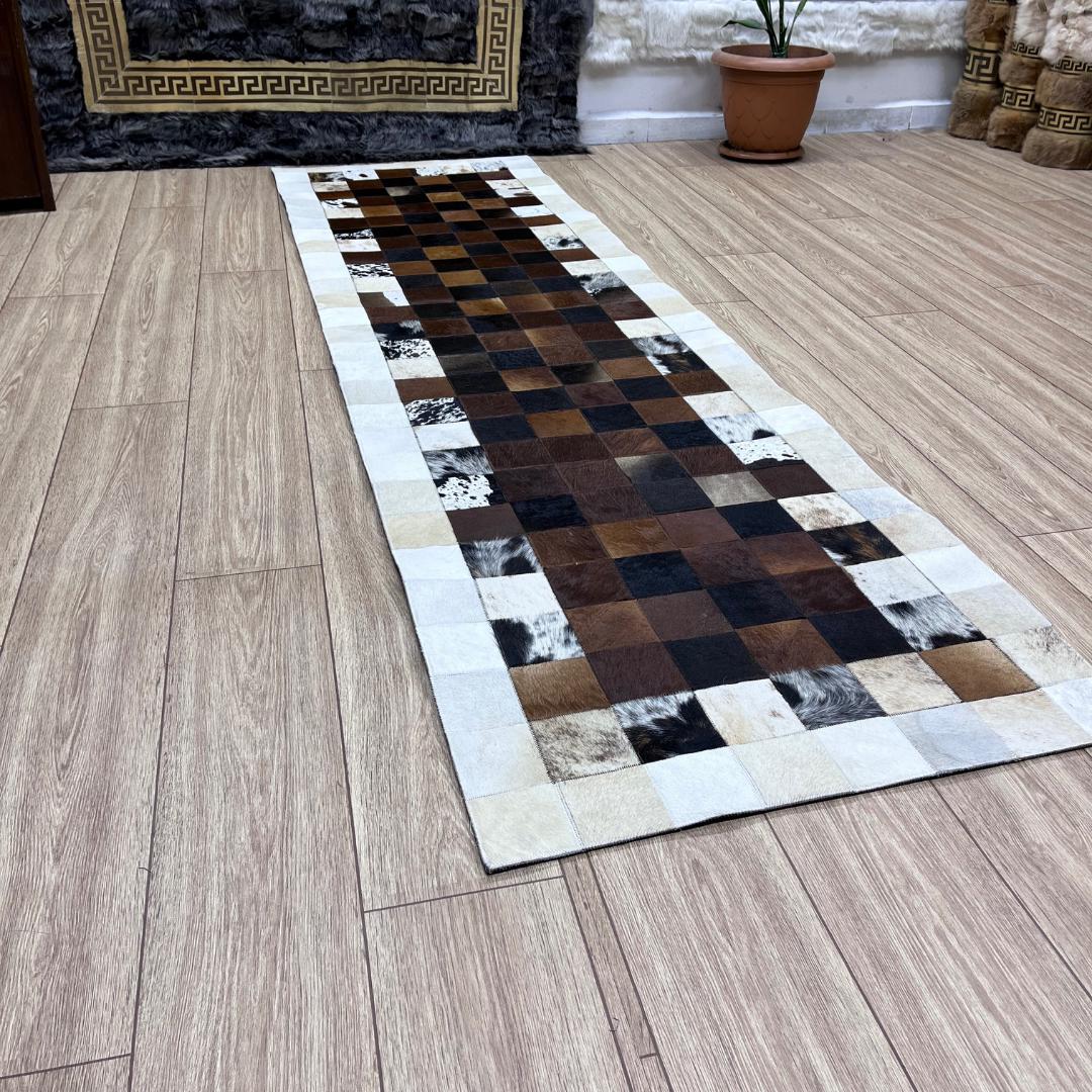 Handmade Tricolor Cowhide Rug: Patchwork Area Rug - BuzzLeatherCarpetHandmade Tricolor Cowhide Rug: Patchwork Area Rug