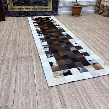 Handmade Tricolor Cowhide Rug: Patchwork Area Rug - BuzzLeatherCarpetHandmade Tricolor Cowhide Rug: Patchwork Area Rug