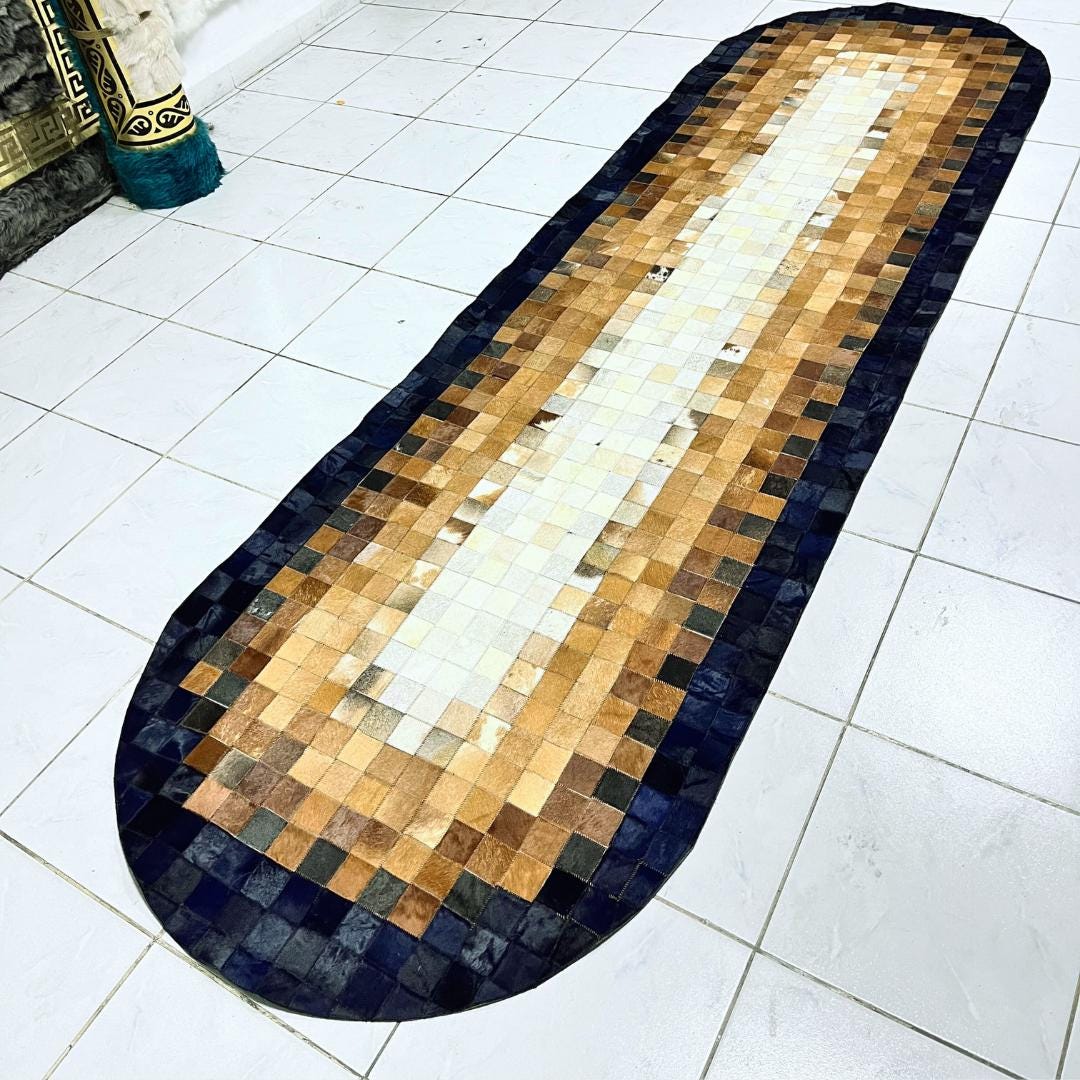 Handmade Tricolor Cowhide Runner Rug: Patchwork Leather Area Rug - BuzzLeatherCarpetHandmade Tricolor Cowhide Runner Rug: Patchwork Leather Area Rug