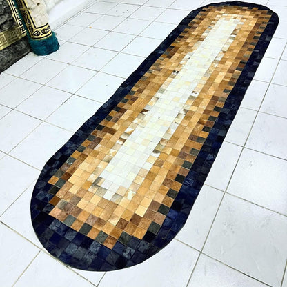 Handmade Tricolor Cowhide Runner Rug: Patchwork Leather Area Rug - BuzzLeatherCarpetHandmade Tricolor Cowhide Runner Rug: Patchwork Leather Area Rug
