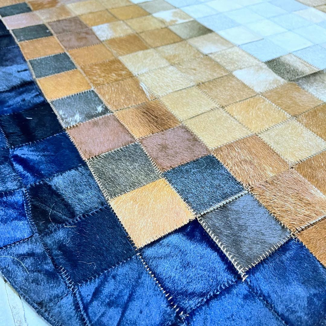 Handmade Tricolor Cowhide Runner Rug: Patchwork Leather Area Rug - BuzzLeatherCarpetHandmade Tricolor Cowhide Runner Rug: Patchwork Leather Area Rug