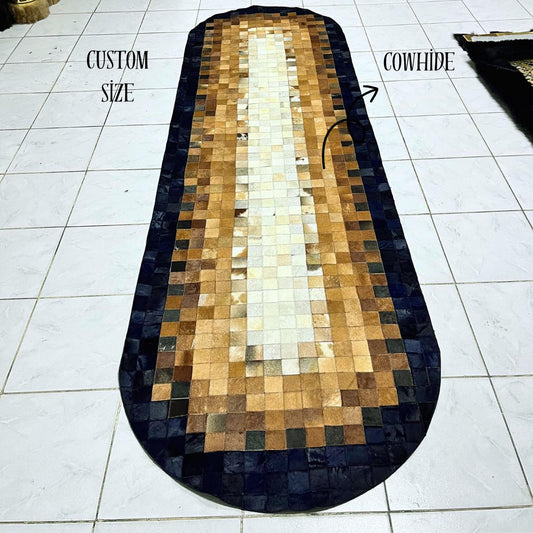 Handmade Tricolor Cowhide Runner Rug: Patchwork Leather Area Rug - BuzzLeatherCarpetHandmade Tricolor Cowhide Runner Rug: Patchwork Leather Area Rug