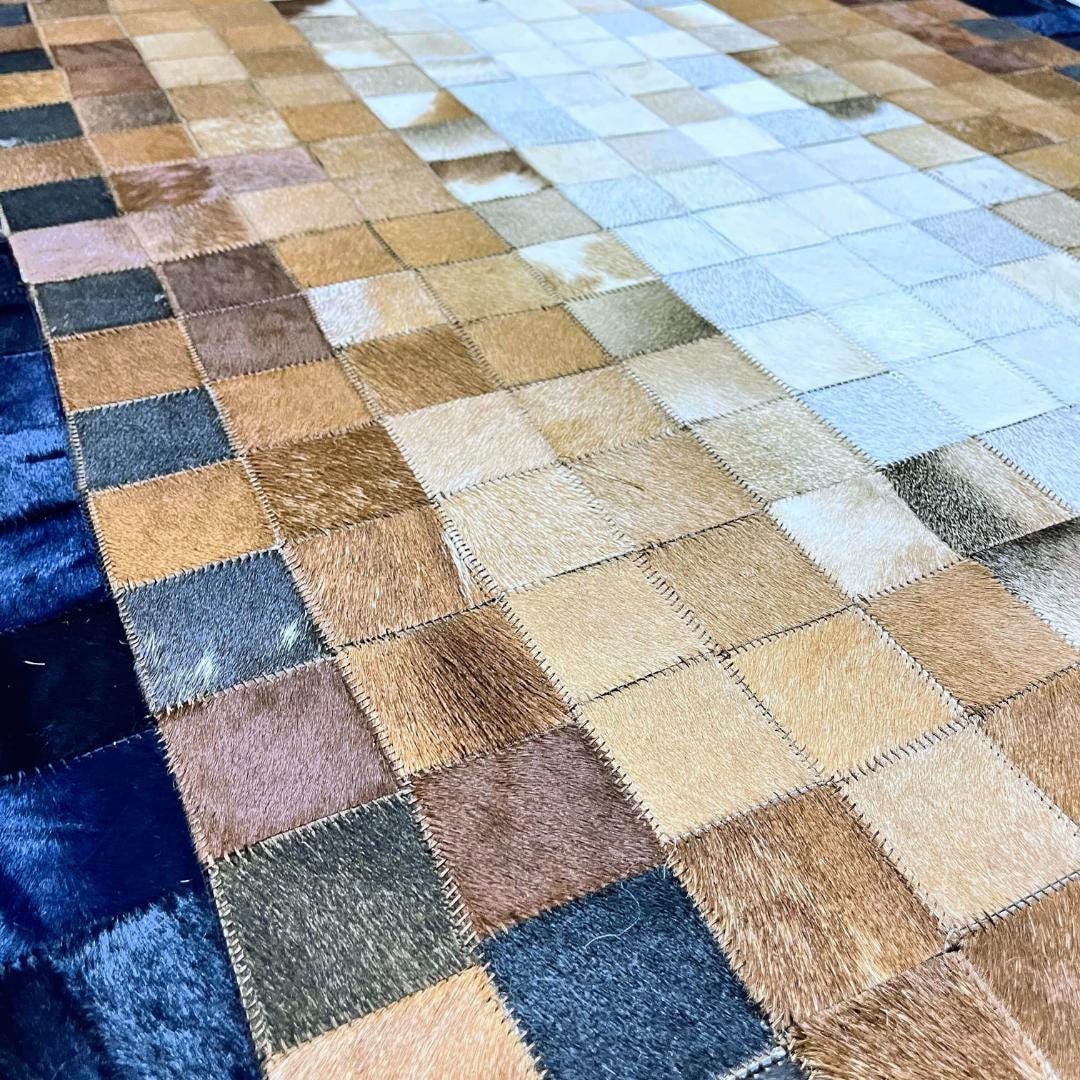 Handmade Tricolor Cowhide Runner Rug: Patchwork Leather Area Rug - BuzzLeatherCarpetHandmade Tricolor Cowhide Runner Rug: Patchwork Leather Area Rug