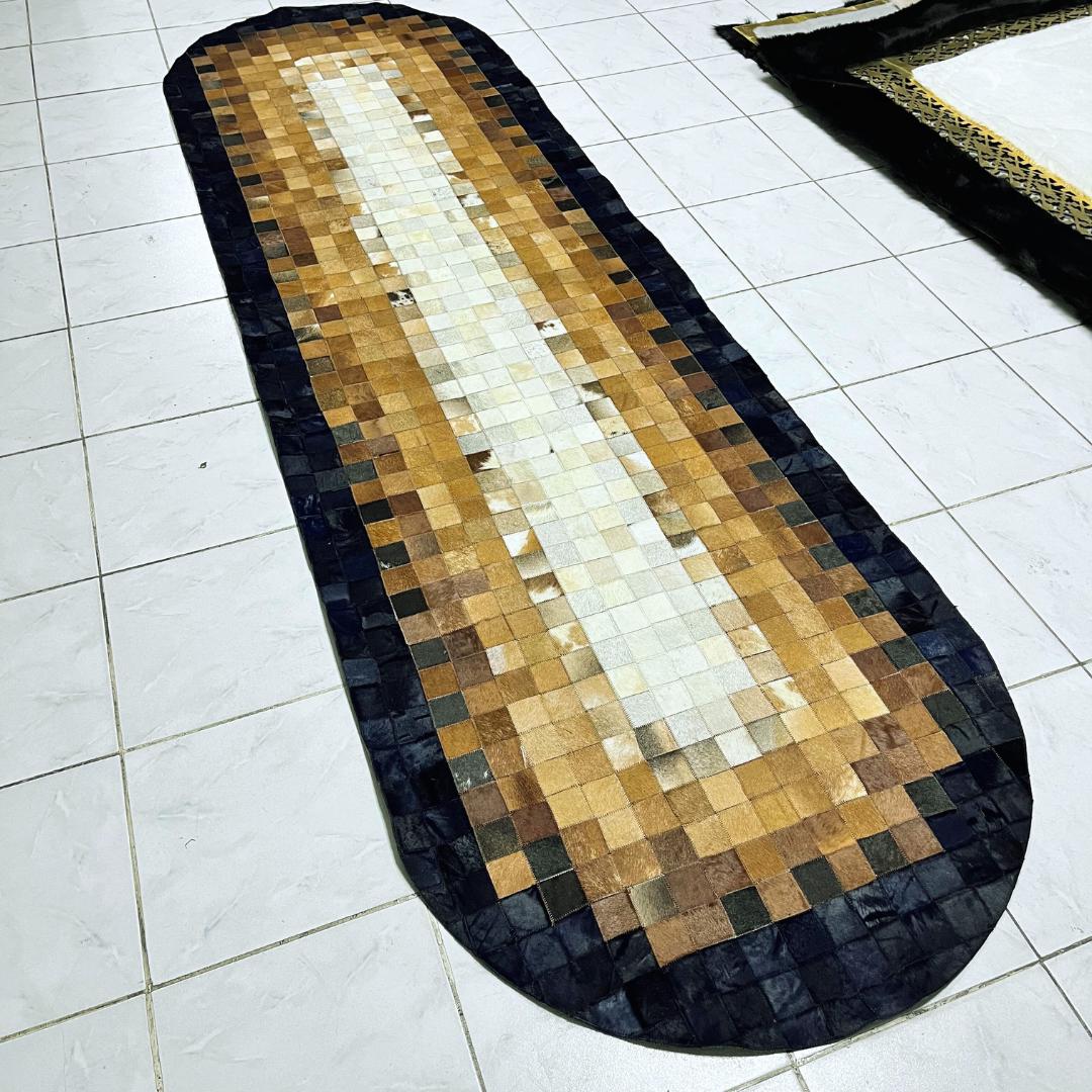 Handmade Tricolor Cowhide Runner Rug: Patchwork Leather Area Rug - BuzzLeatherCarpetHandmade Tricolor Cowhide Runner Rug: Patchwork Leather Area Rug