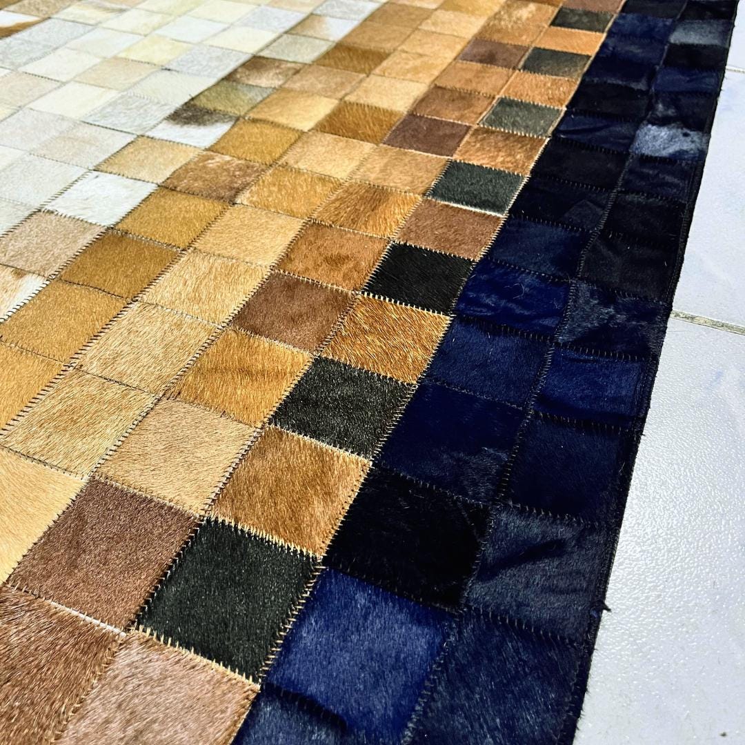 Handmade Tricolor Cowhide Runner Rug: Patchwork Leather Area Rug - BuzzLeatherCarpetHandmade Tricolor Cowhide Runner Rug: Patchwork Leather Area Rug