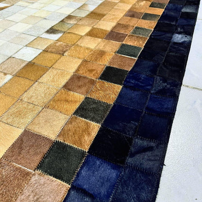 Handmade Tricolor Cowhide Runner Rug: Patchwork Leather Area Rug - BuzzLeatherCarpetHandmade Tricolor Cowhide Runner Rug: Patchwork Leather Area Rug