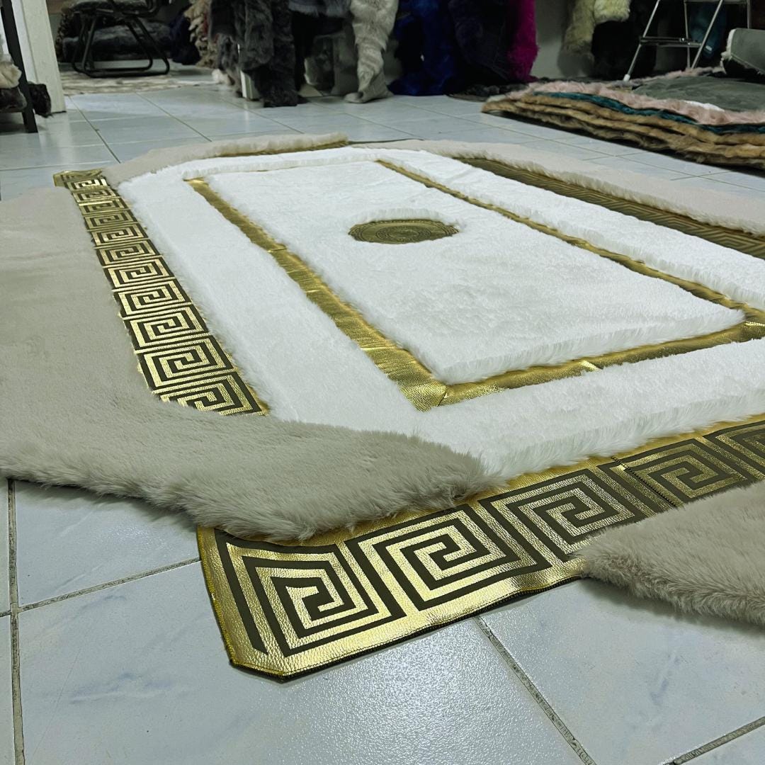 Handmade White & Beige Faux Fur Rug: Plush Shaggy Area Rug - BuzzLeatherCarpetHandmade White & Beige Faux Fur Rug: Plush Shaggy Area Rug