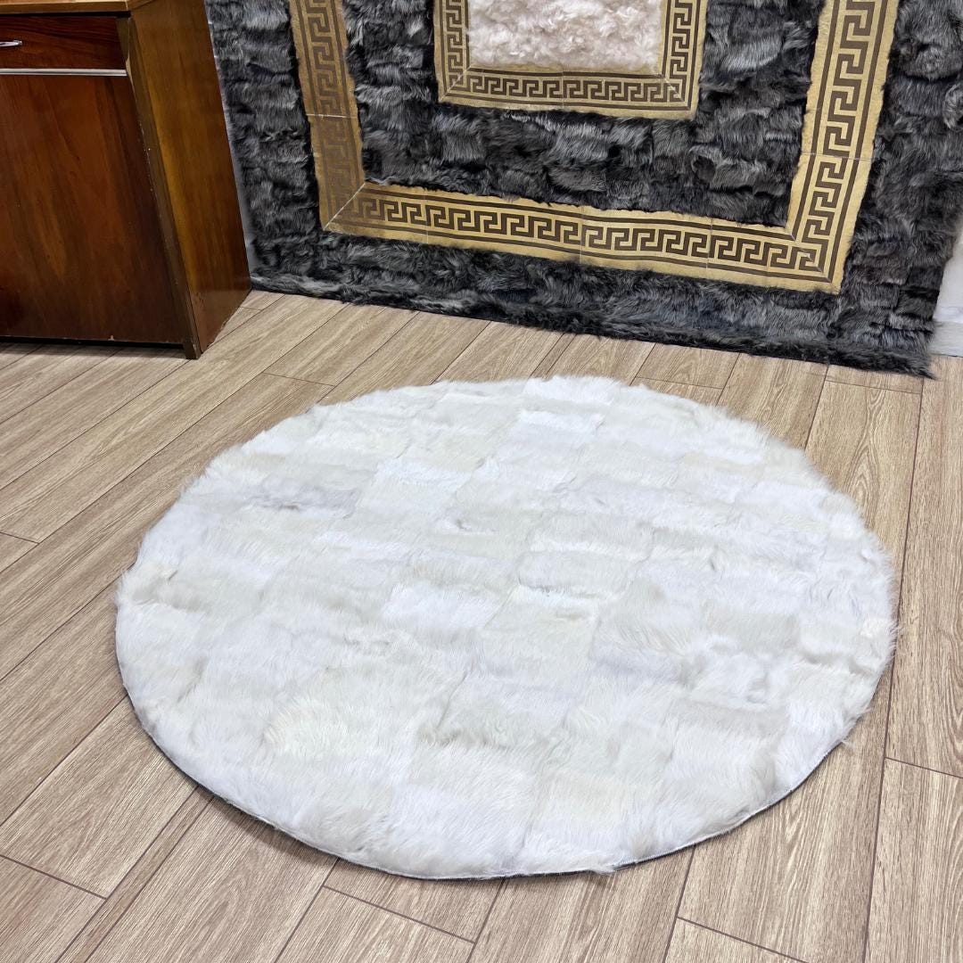 Handmade White Sheepskin Round Rug - BuzzLeatherCarpetHandmade White Sheepskin Round Rug