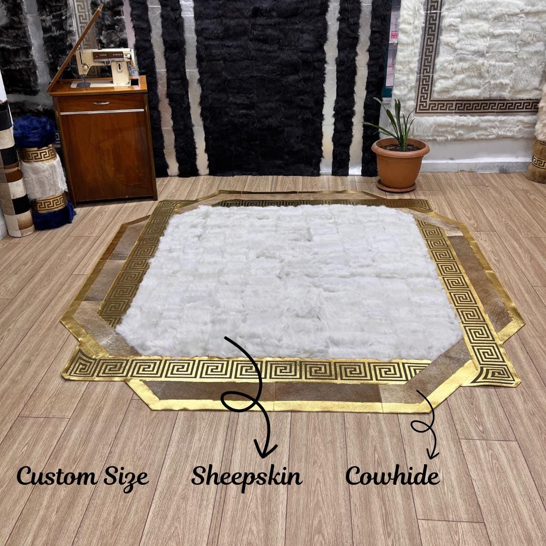 Handmade White Sheepskin Rug: Shaggy Gold Accent Real Leather Carpet - BuzzLeatherCarpetHandmade White Sheepskin Rug: Shaggy Gold Accent Real Leather Carpet