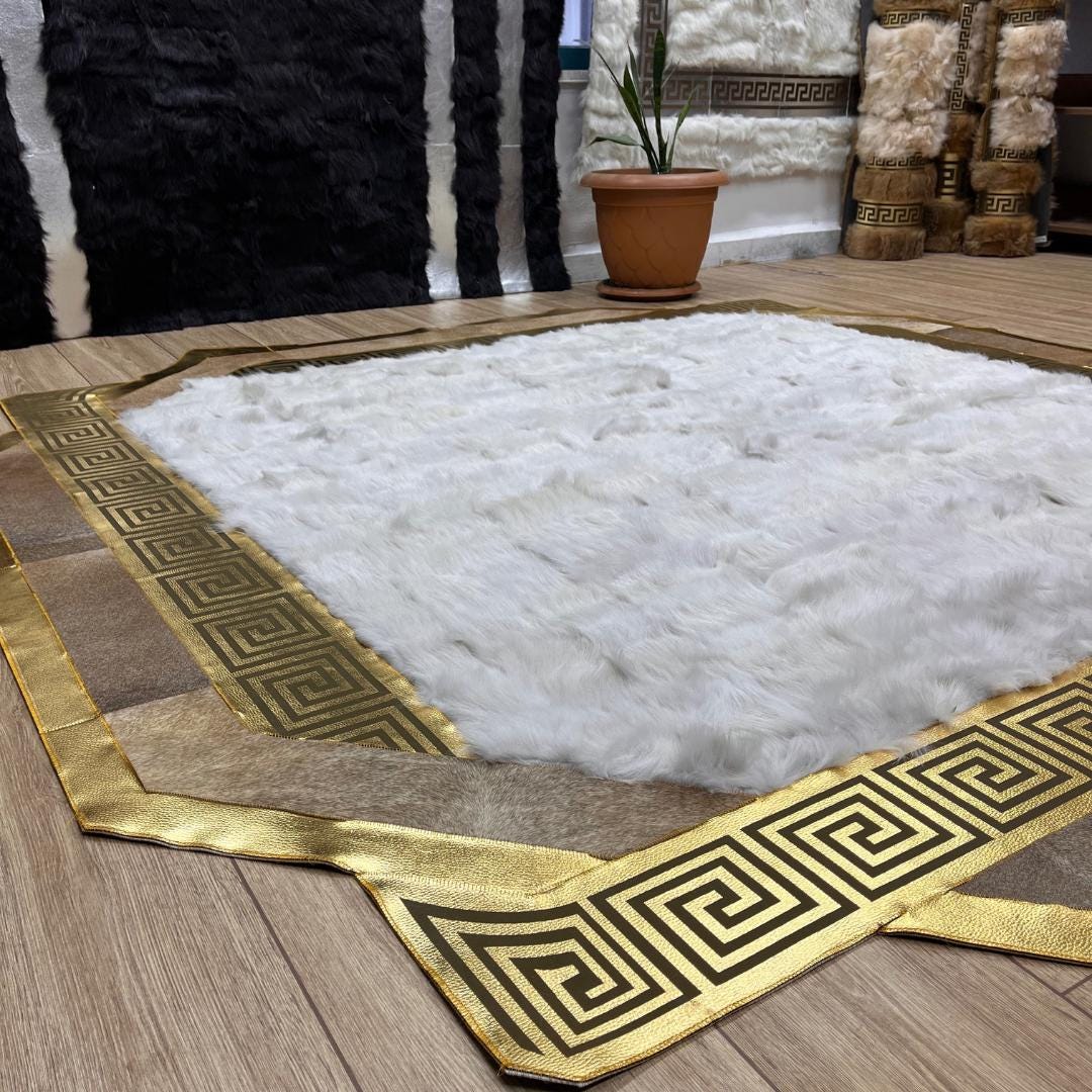 Handmade White Sheepskin Rug: Shaggy Gold Accent Real Leather Carpet - BuzzLeatherCarpetHandmade White Sheepskin Rug: Shaggy Gold Accent Real Leather Carpet
