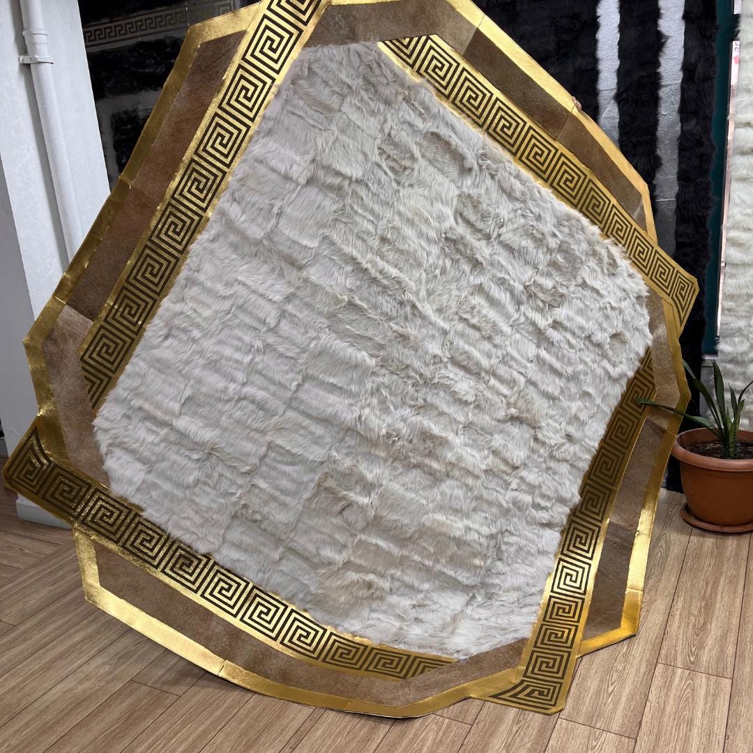 Handmade White Sheepskin Rug: Shaggy Gold Accent Real Leather Carpet - BuzzLeatherCarpetHandmade White Sheepskin Rug: Shaggy Gold Accent Real Leather Carpet