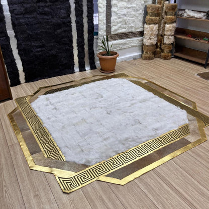 Handmade White Sheepskin Rug: Shaggy Gold Accent Real Leather Carpet - BuzzLeatherCarpetHandmade White Sheepskin Rug: Shaggy Gold Accent Real Leather Carpet