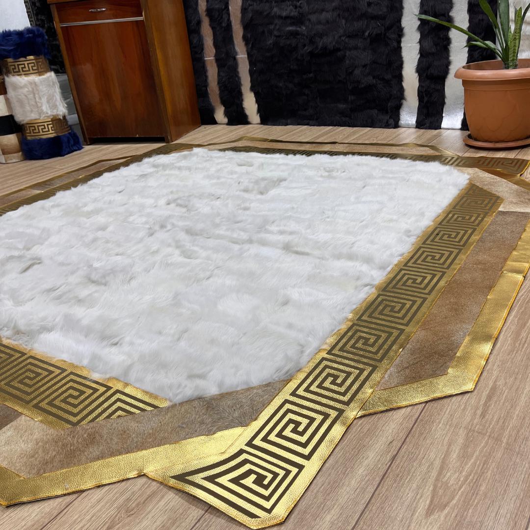 Handmade White Sheepskin Rug: Shaggy Gold Accent Real Leather Carpet - BuzzLeatherCarpetHandmade White Sheepskin Rug: Shaggy Gold Accent Real Leather Carpet