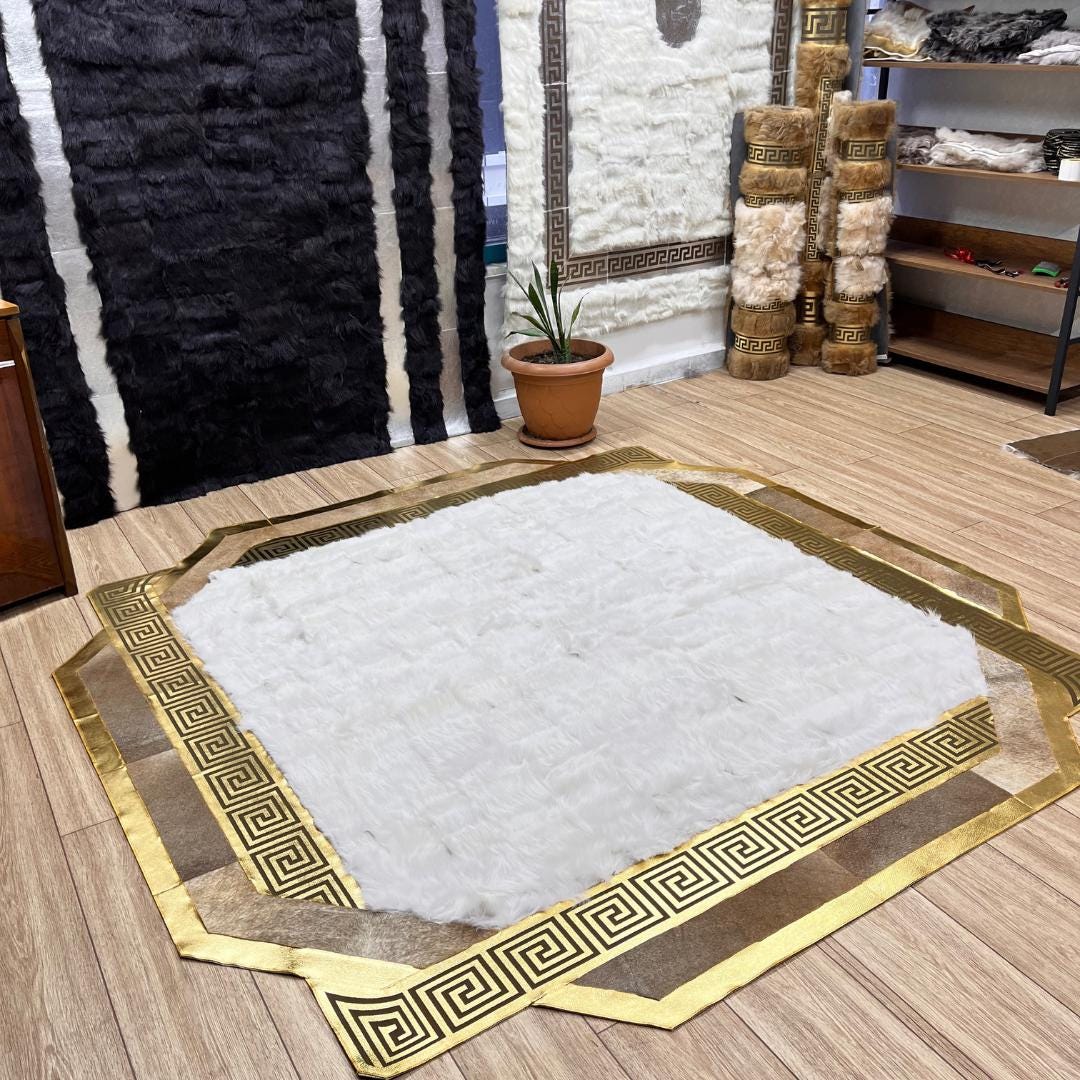 Handmade White Sheepskin Rug: Shaggy Gold Accent Real Leather Carpet - BuzzLeatherCarpetHandmade White Sheepskin Rug: Shaggy Gold Accent Real Leather Carpet