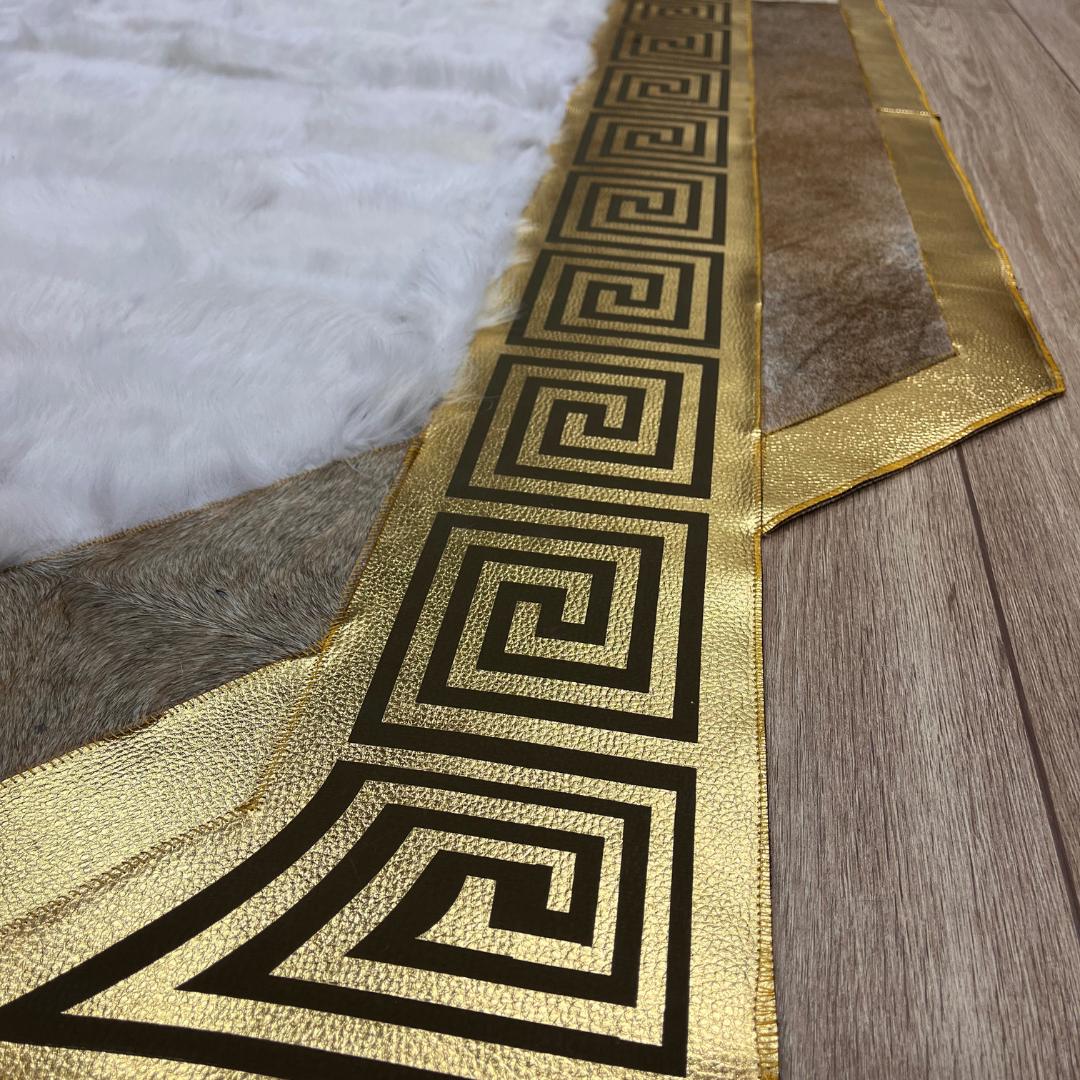 Handmade White Sheepskin Rug: Shaggy Gold Accent Real Leather Carpet - BuzzLeatherCarpetHandmade White Sheepskin Rug: Shaggy Gold Accent Real Leather Carpet