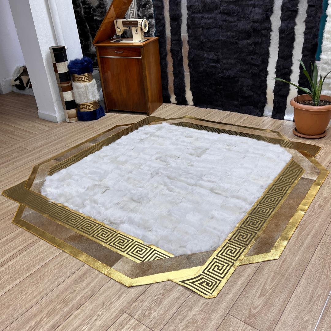 Handmade White Sheepskin Rug: Shaggy Gold Accent Real Leather Carpet - BuzzLeatherCarpetHandmade White Sheepskin Rug: Shaggy Gold Accent Real Leather Carpet
