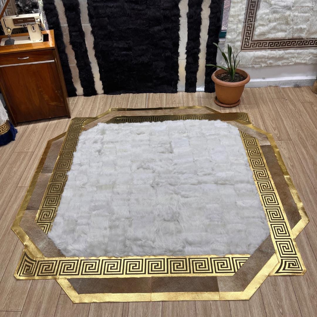 Handmade White Sheepskin Rug: Shaggy Gold Accent Real Leather Carpet - BuzzLeatherCarpetHandmade White Sheepskin Rug: Shaggy Gold Accent Real Leather Carpet
