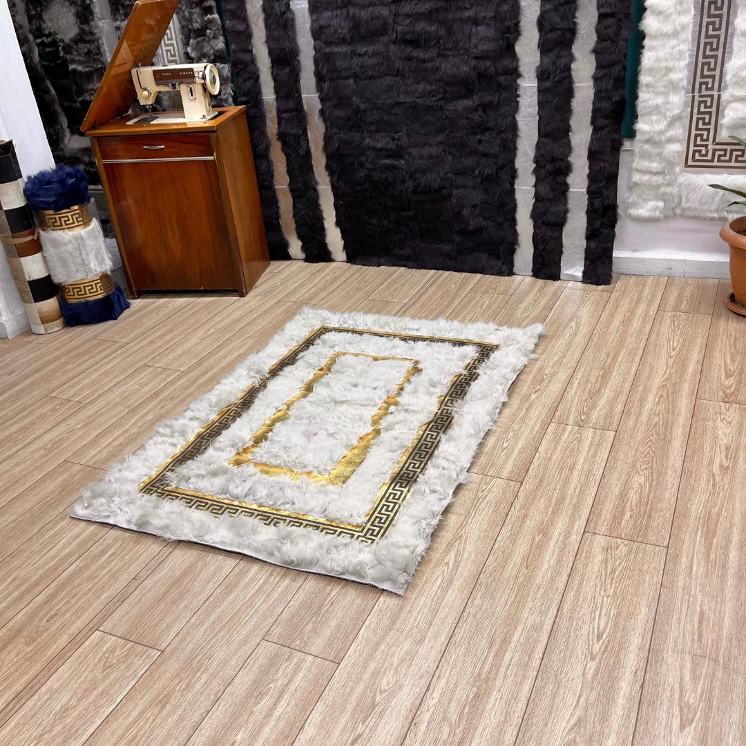 Handmade White Sheepskin Rug: Shaggy Wool Area Rug with Gold Detail - BuzzLeatherCarpetHandmade White Sheepskin Rug: Shaggy Wool Area Rug with Gold Detail