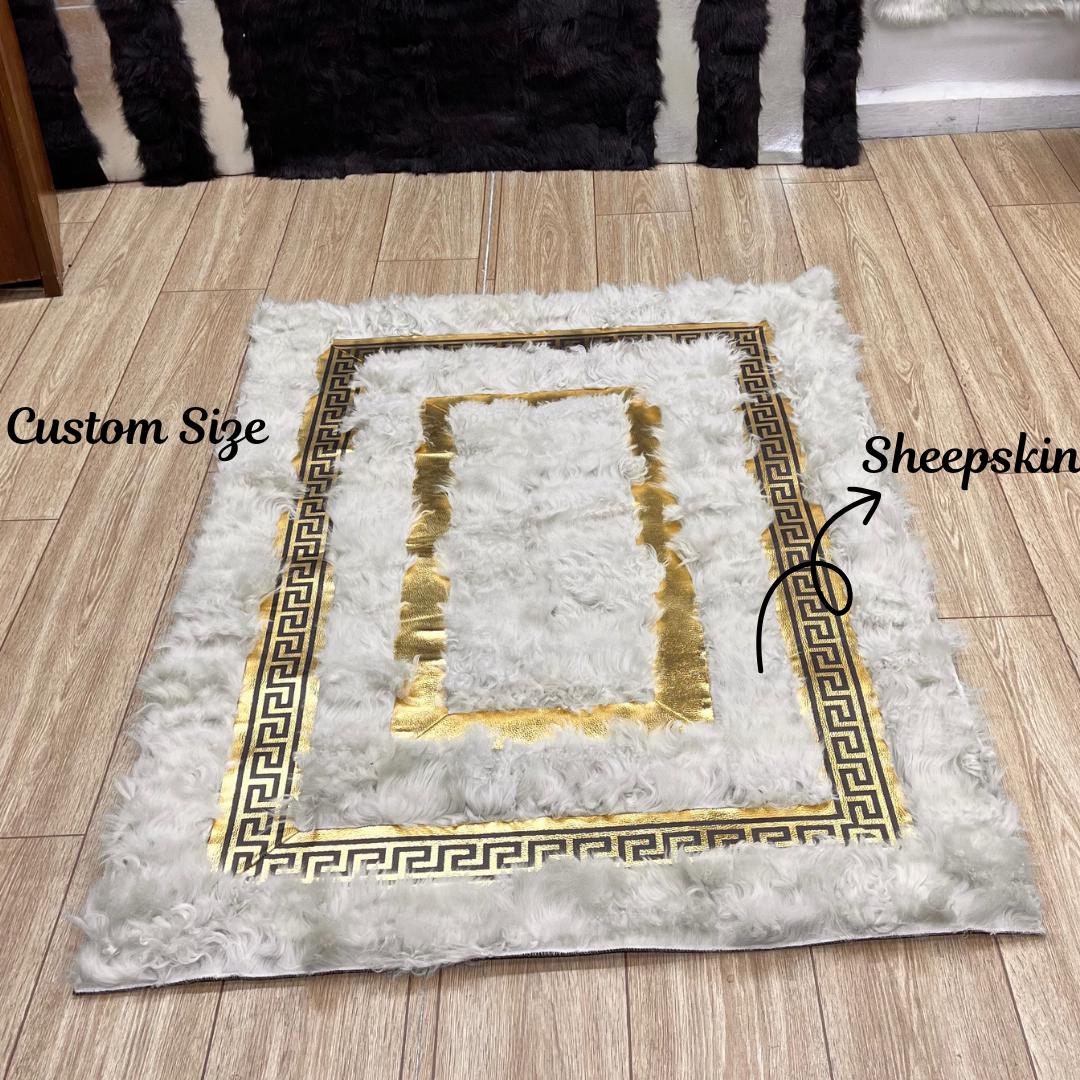 Handmade White Sheepskin Rug: Shaggy Wool Area Rug with Gold Detail - BuzzLeatherCarpetHandmade White Sheepskin Rug: Shaggy Wool Area Rug with Gold Detail