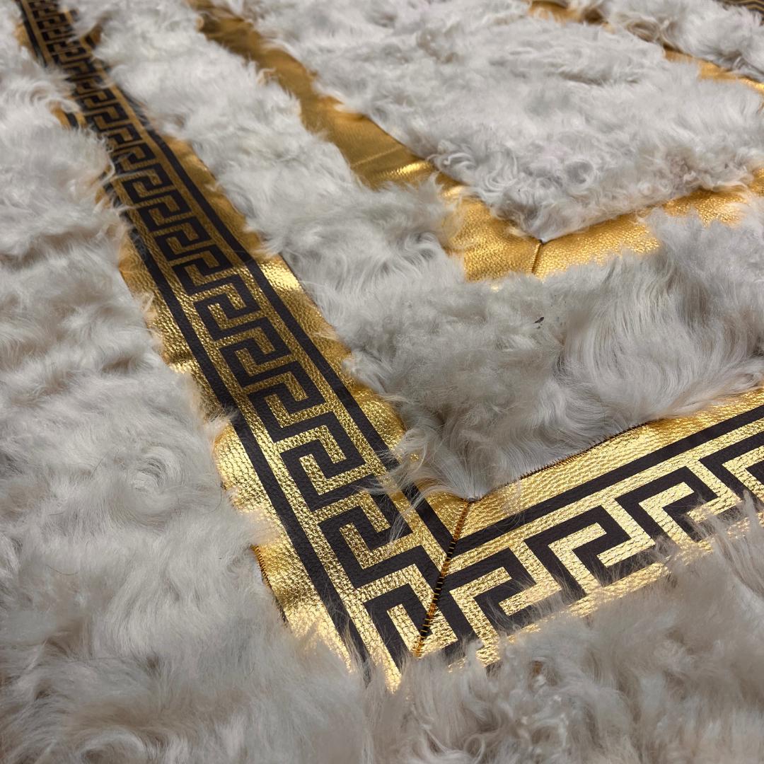 Handmade White Sheepskin Rug: Shaggy Wool Area Rug with Gold Detail - BuzzLeatherCarpetHandmade White Sheepskin Rug: Shaggy Wool Area Rug with Gold Detail