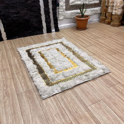 Handmade White Sheepskin Rug: Shaggy Wool Area Rug with Gold Detail - BuzzLeatherCarpetHandmade White Sheepskin Rug: Shaggy Wool Area Rug with Gold Detail