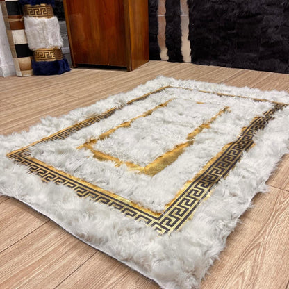 Handmade White Sheepskin Rug: Shaggy Wool Area Rug with Gold Detail - BuzzLeatherCarpetHandmade White Sheepskin Rug: Shaggy Wool Area Rug with Gold Detail