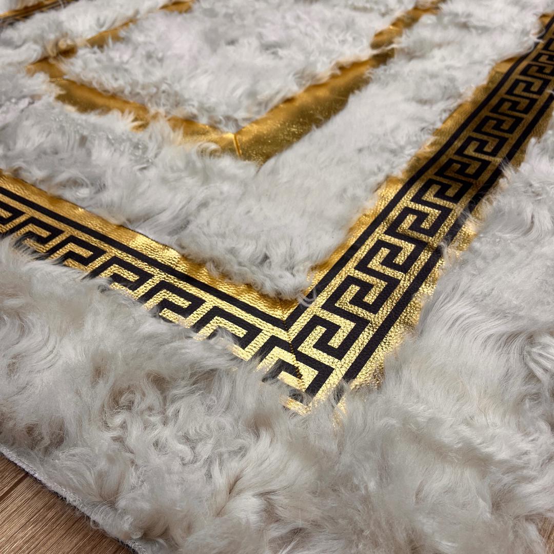 Handmade White Sheepskin Rug: Shaggy Wool Area Rug with Gold Detail - BuzzLeatherCarpetHandmade White Sheepskin Rug: Shaggy Wool Area Rug with Gold Detail