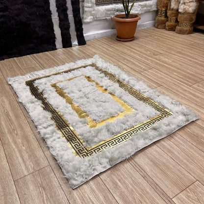 Handmade White Sheepskin Rug: Shaggy Wool Area Rug with Gold Detail - BuzzLeatherCarpetHandmade White Sheepskin Rug: Shaggy Wool Area Rug with Gold Detail