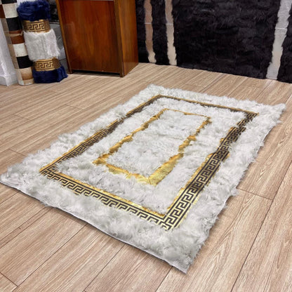 Handmade White Sheepskin Rug: Shaggy Wool Area Rug with Gold Detail - BuzzLeatherCarpetHandmade White Sheepskin Rug: Shaggy Wool Area Rug with Gold Detail