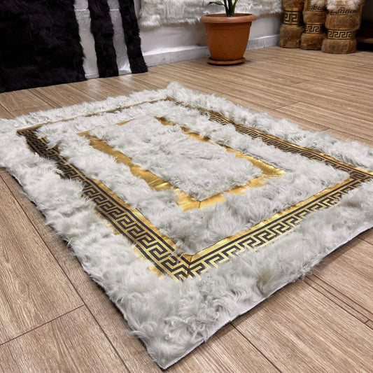 Handmade White Sheepskin Rug: Shaggy Wool Area Rug with Gold Detail - BuzzLeatherCarpetHandmade White Sheepskin Rug: Shaggy Wool Area Rug with Gold Detail