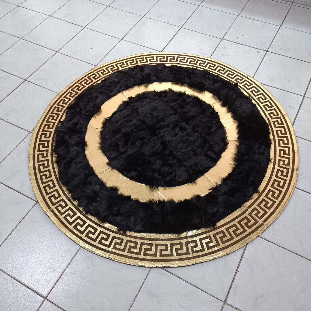 Luxury Black-Gold Sheepskin Patchwork Area Rug for Bedroom, Round Sheepskin Rug, Giant Sheepskin Carpet, Fur Rugs for Living Room