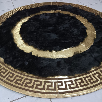 Luxury Black-Gold Sheepskin Patchwork Area Rug for Bedroom, Round Sheepskin Rug, Giant Sheepskin Carpet, Fur Rugs for Living Room