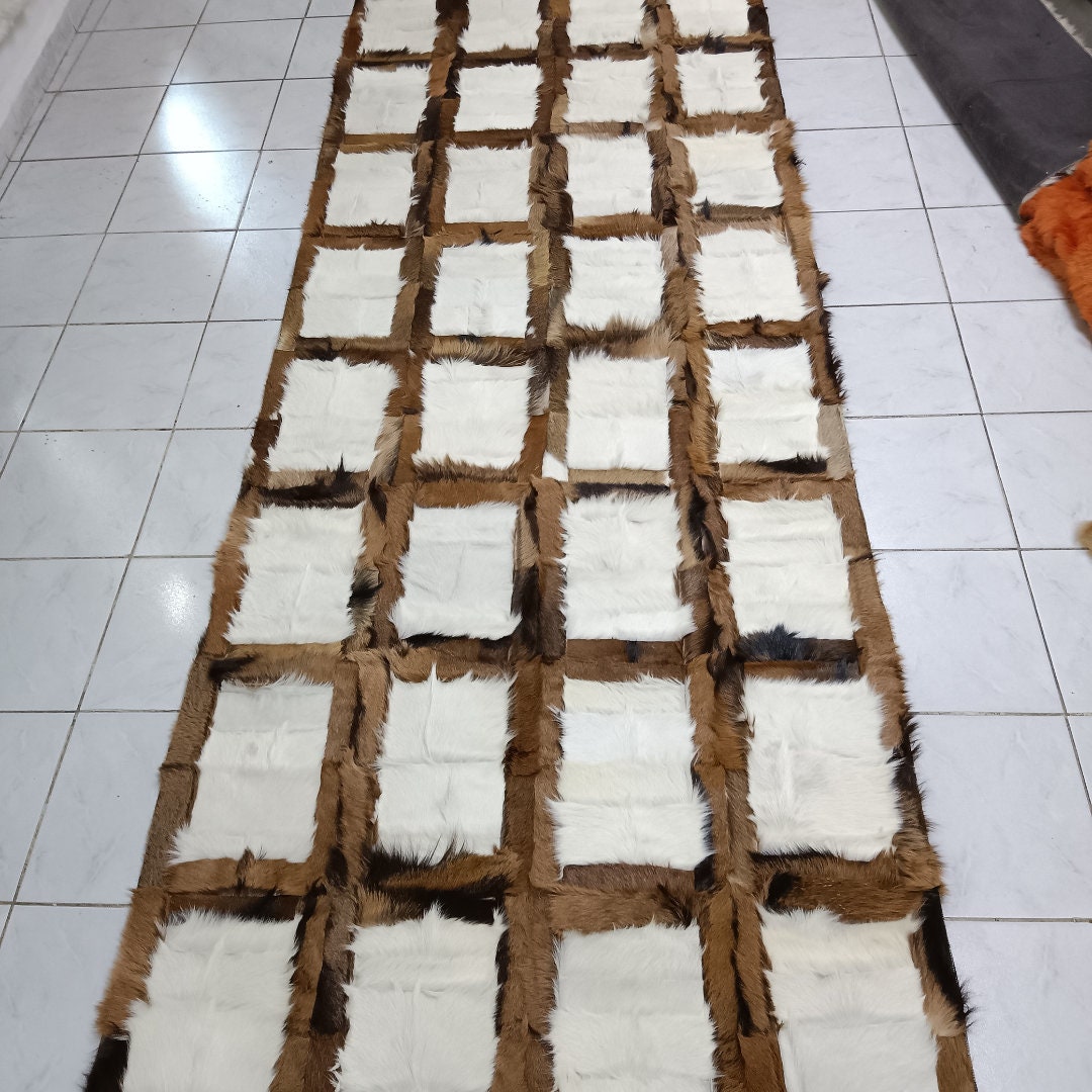 Natural Goatskin Area Rug - Brown Patchwork Leather Rug - Genuine Leather Runner Rug - Handmade Goatskin Leather Rug - New Home Gift