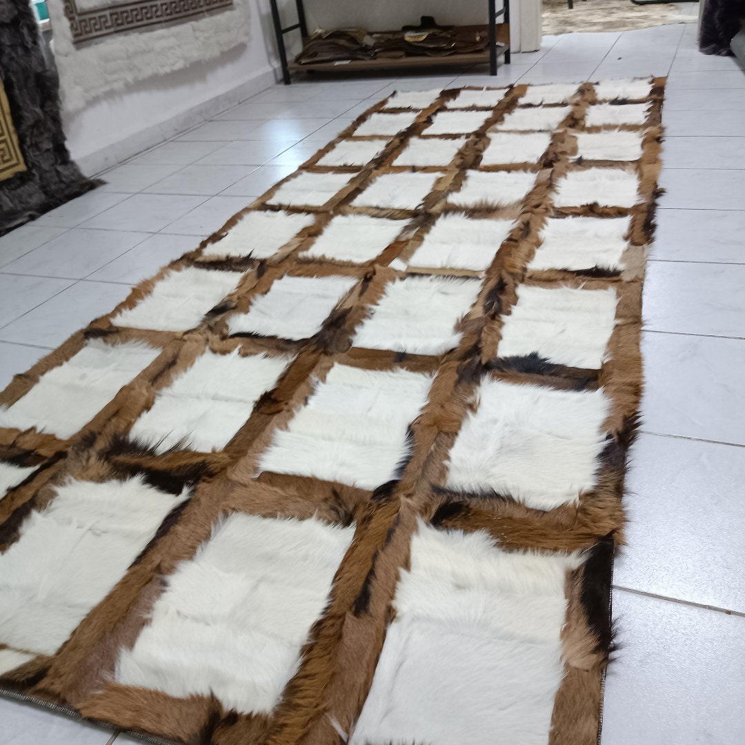 Natural Goatskin Area Rug - Brown Patchwork Leather Rug - Genuine Leather Runner Rug - Handmade Goatskin Leather Rug - New Home Gift