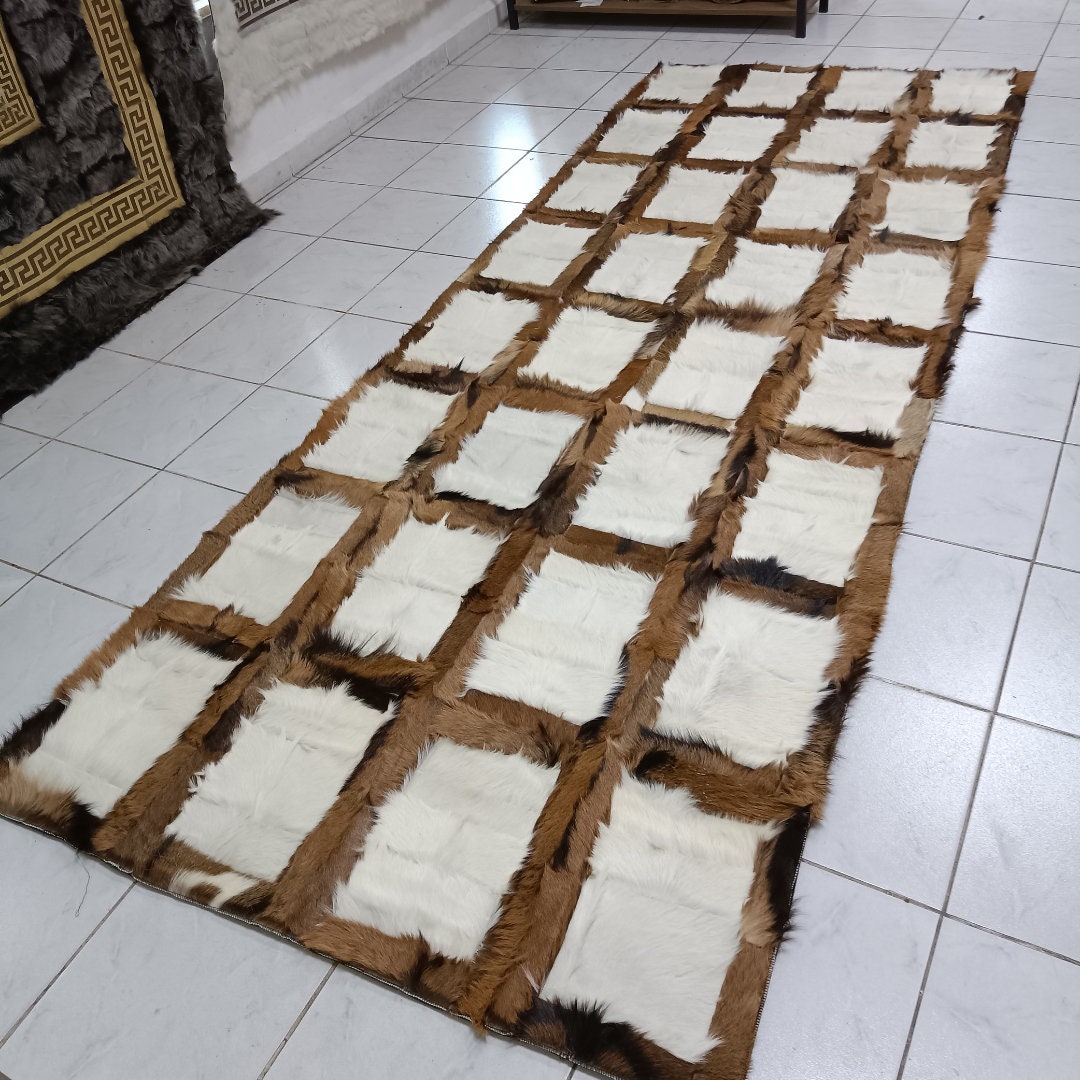 Natural Goatskin Area Rug - Brown Patchwork Leather Rug - Genuine Leather Runner Rug - Handmade Goatskin Leather Rug - New Home Gift