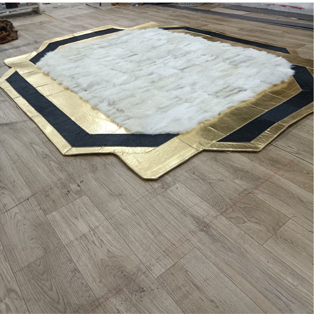 Gold Cowhide & White Sheepskin Fur Rug
