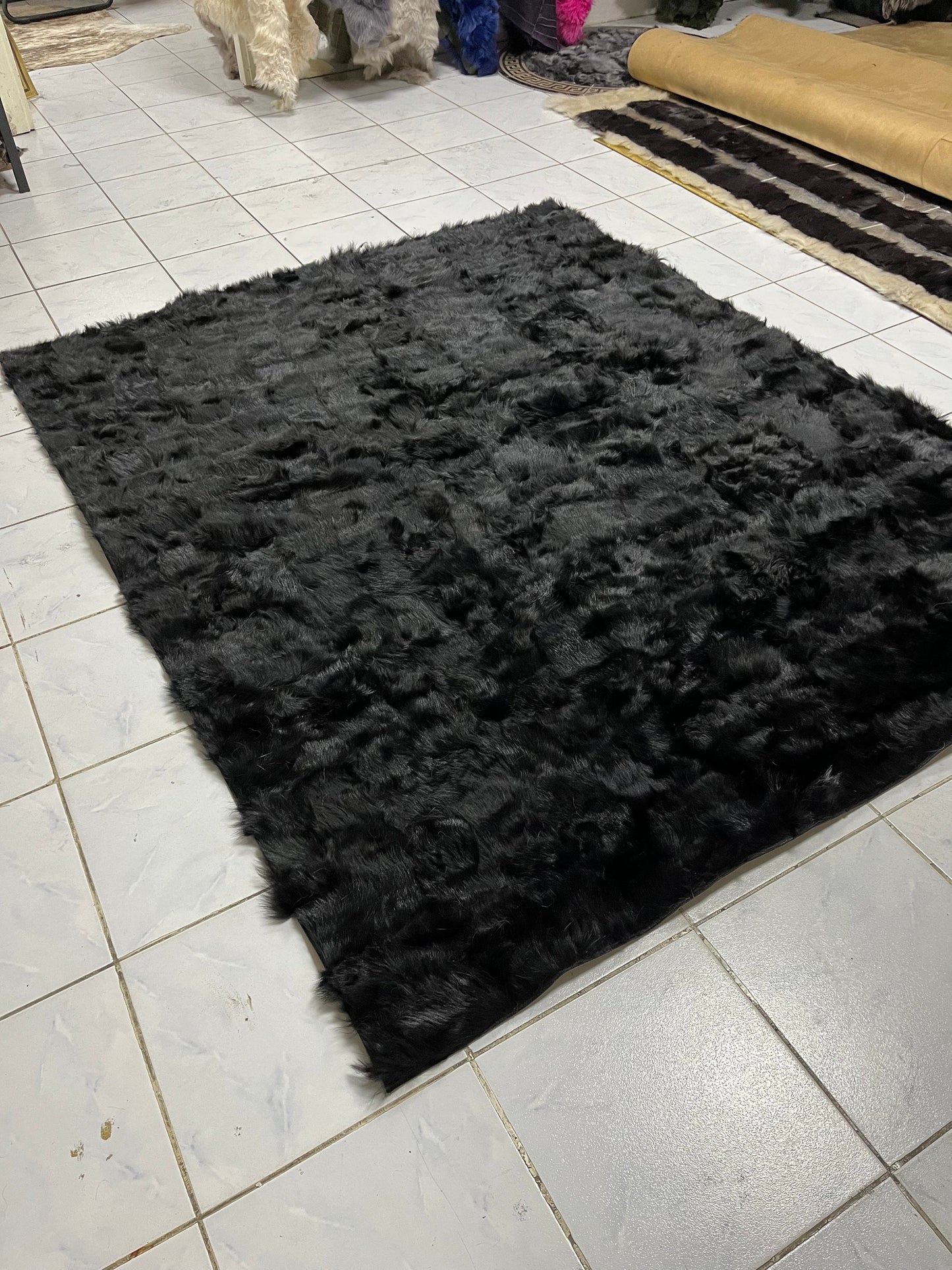 Black Sheepskin Fur Rug for Living Room, Luxury Rectangle Soft Carpet for Bedroom, Natural Patchwork Rug, Soft Area Rugs, Wool Area Rugs