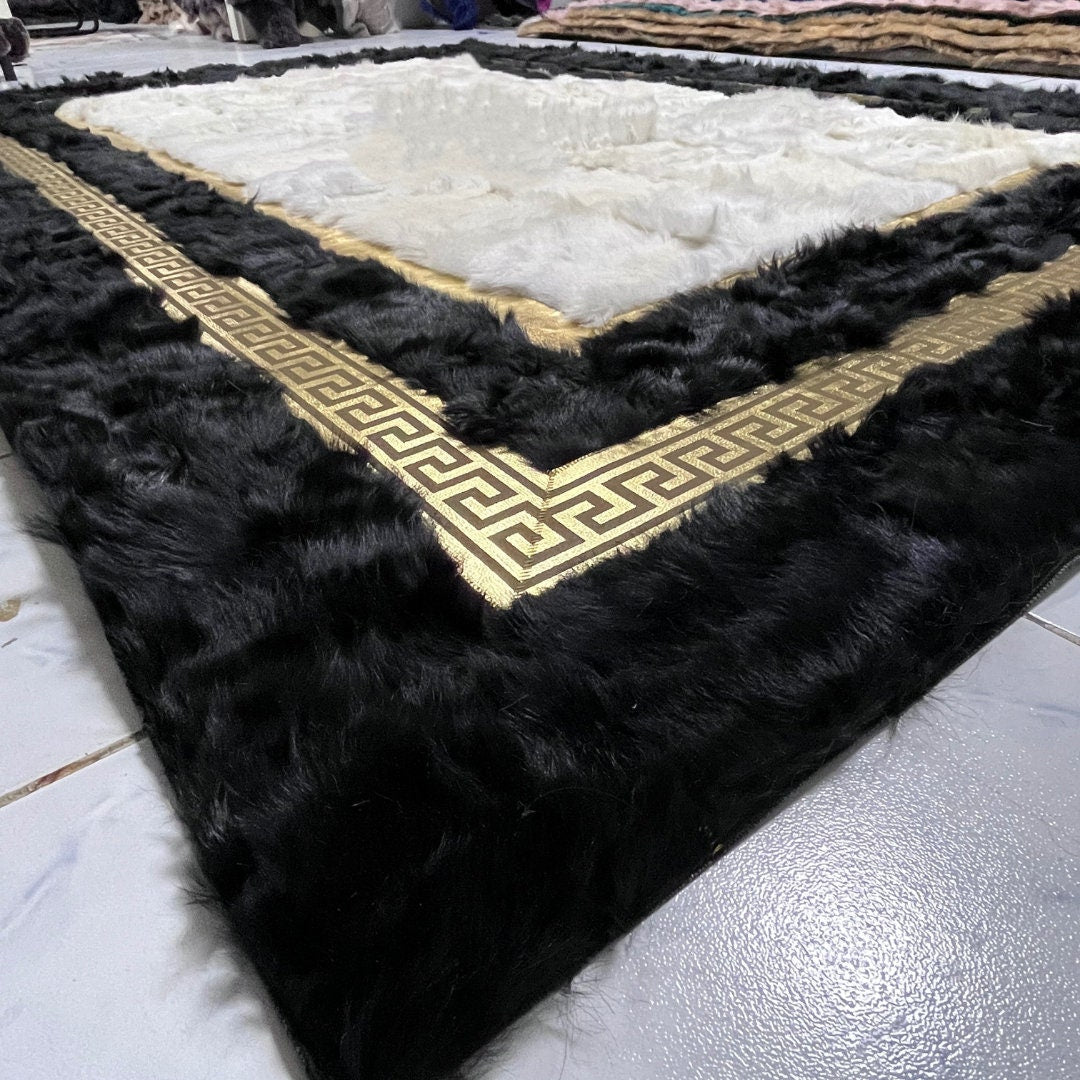 Natural Black-Gold Sheepskin Patchwork Rug, Handmade Sheepskin Area Rugs, Fluffy Sheepskin Carpet, Wool Leather Rug, Mother's Day Gifts