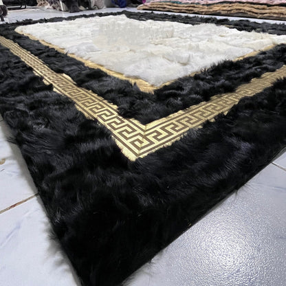 Natural Black-Gold Sheepskin Patchwork Rug, Handmade Sheepskin Area Rugs, Fluffy Sheepskin Carpet, Wool Leather Rug, Mother's Day Gifts