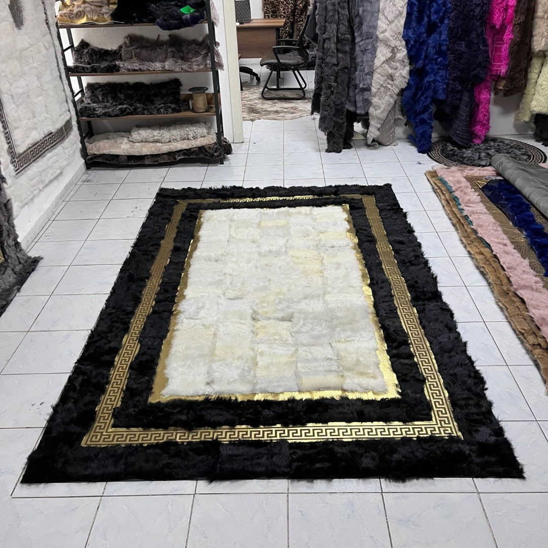 Natural Black-Gold Sheepskin Patchwork Rug, Handmade Sheepskin Area Rugs, Fluffy Sheepskin Carpet, Wool Leather Rug, Mother's Day Gifts