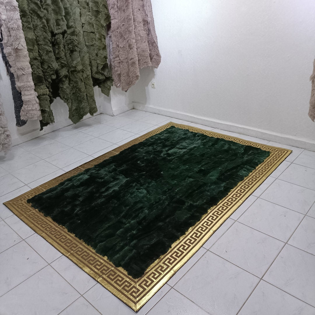 Handmade Green Rabbit Fur Rug - Genuine Rabbit Fur Plush Rug - Non Slip Leather Rug - Rug for Living Room - Leather Area Rug - New Home Gift
