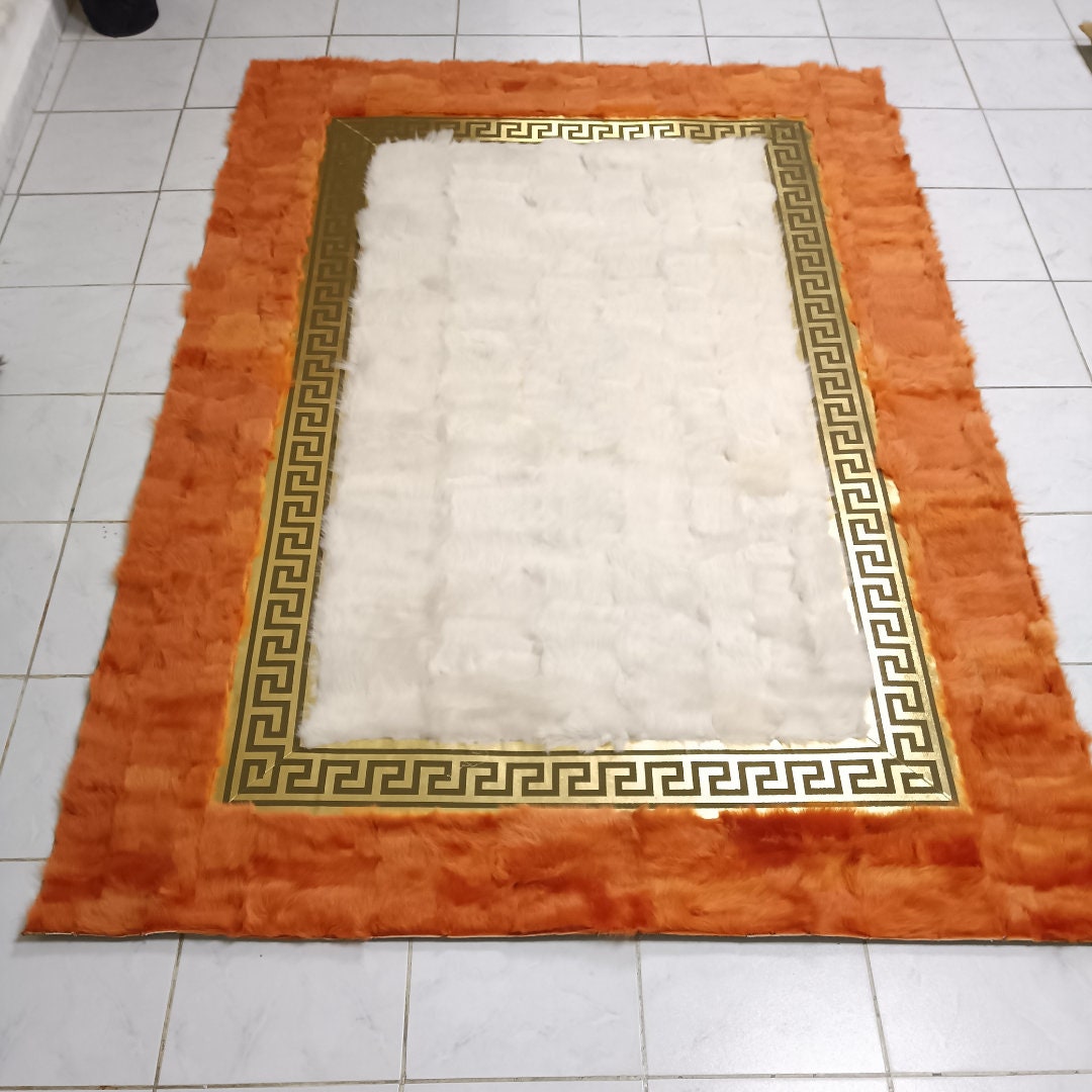 Orange-White Large Sheepskin Rug, Orange-Gold Sheepskin Fur Rug, Wool Area Rugs, Fur Rugs for Living Room, Shaggy Rugs, Mother's Day Gift