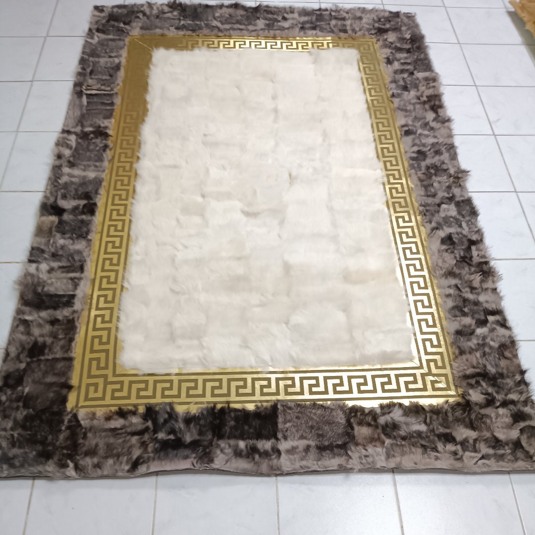 Natural Gray-Gold Sheepskin Patchwork Rug, Giant Sheepskin Area Rugs, Fluffy Sheepskin Carpet, Wool Leather Rug, Mother's Day Gifts